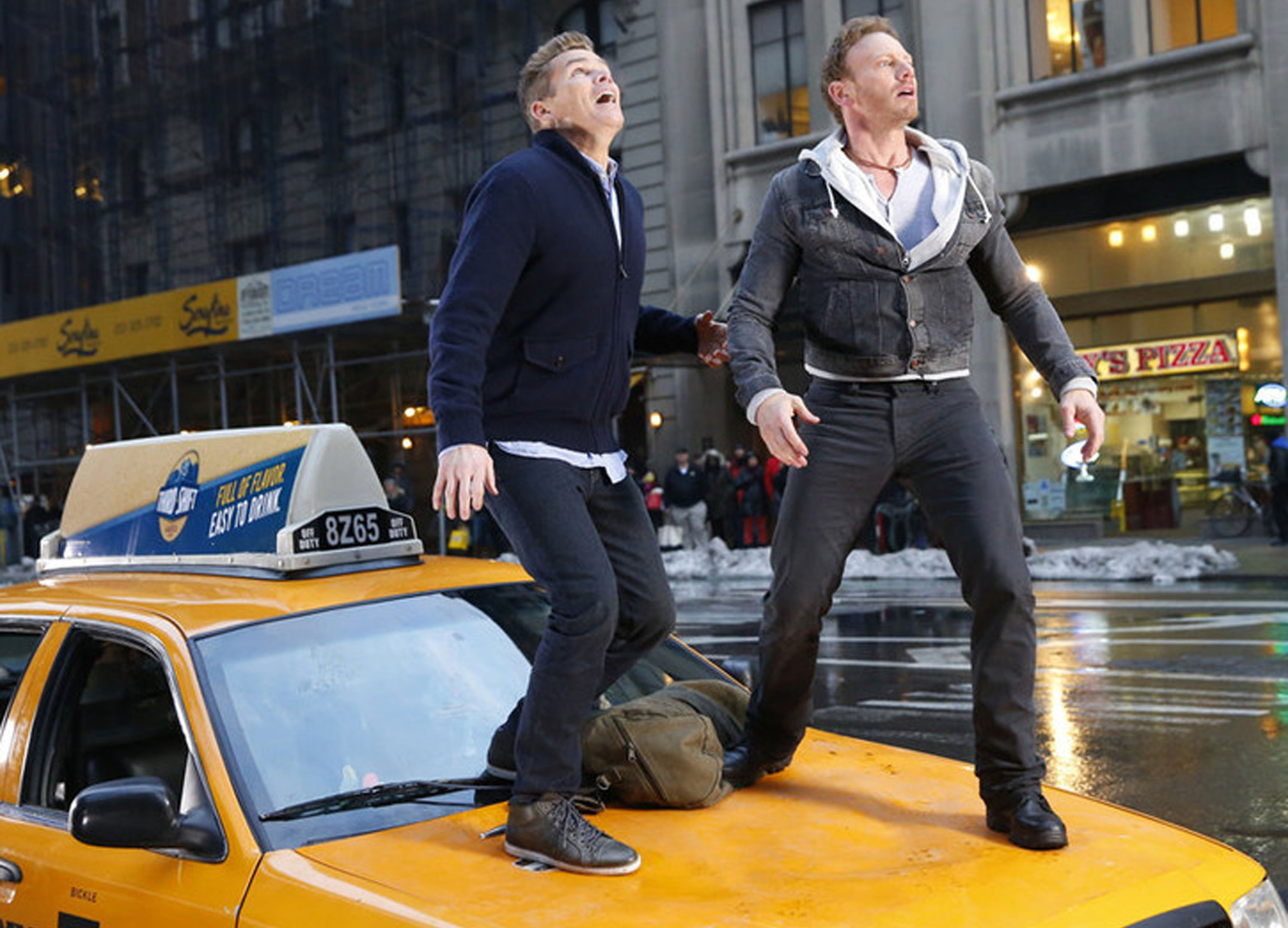 SHARKNADO 2: The Second One -- Pictured: (l-r) Mark McGrath as Martin Brody, Ian Ziering as Fin Shepard -- (Photo by: Will Hart/Syfy)